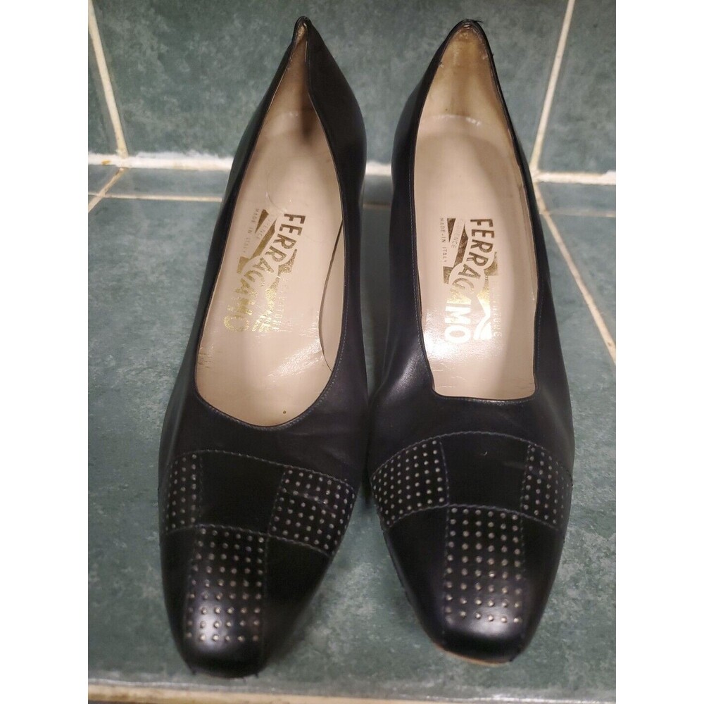 Salvatore Ferragamo Shoes Black Polka Dot Leather Heels Pumps Vintage Sz 8.5 AAA